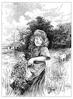 Harvesting Prints: Antique childrens book comic illustration: little girl outdoor