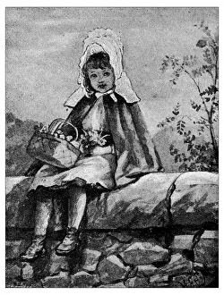 Baby Girls Prints: Antique childrens book comic illustration: little girl outdoor with basket