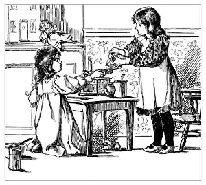 Domestic Kitchen Prints: Antique childrens book comic illustration: little girls playing