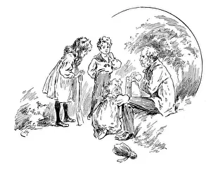Box Container Prints: Antique childrens book comic illustration: man with children