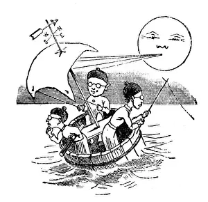 Weather Vane Prints: Antique childrens book comic illustration: Three men in barrell