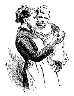 Daughter Prints: Antique childrens book comic illustration: mother and child