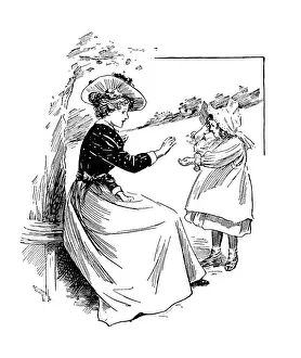 Baby Girls Prints: Antique childrens book comic illustration: mother and daughter