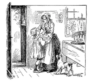 Domestic Kitchen Prints: Antique childrens book comic illustration: mother and son indoor