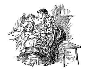 Antique childrens book comic illustration: mother talking to son