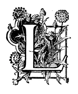 Antique childrens book comic illustration: Ornate letter L