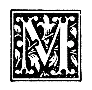 Picture Book Prints: Antique childrens book comic illustration: Ornate letter M