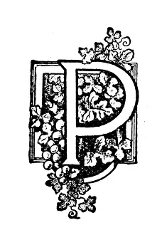 Antique childrens book comic illustration: Ornate letter P