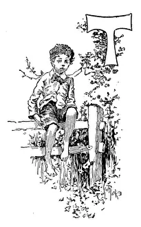 Antique childrens book comic illustration: Ornate letter T