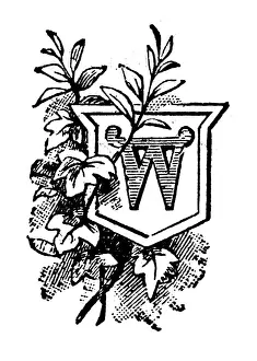 Antique childrens book comic illustration: Ornate letter W
