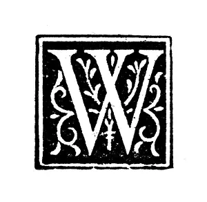 Letter W Prints: Antique childrens book comic illustration: Ornate letter W