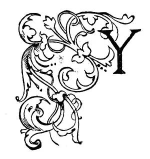 Antique childrens book comic illustration: Ornate letter Y