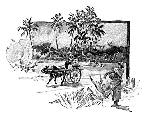 Ox Cart Prints: Antique childrens book comic illustration: people riding ox cart