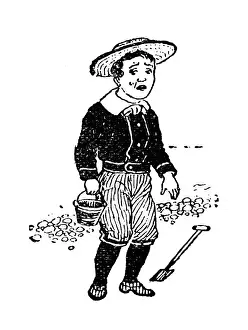 Antique childrens book comic illustration: sad boy on the beach