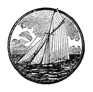 Industrial Ship Prints: Antique childrens book comic illustration: sailing ship