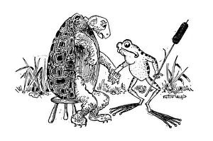 Turtle Prints: Antique childrens book comic illustration: turtle and frog