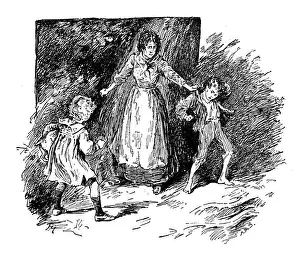 Displeased Prints: Antique childrens book comic illustration: woman with children