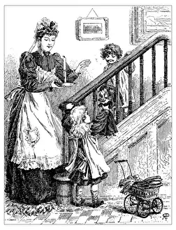 Maid Prints: Antique childrens book comic illustration: woman with children indoor