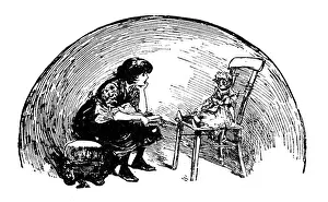 Baby Girls Prints: Antique childrens book comic illustration: woman with doll
