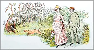 Antique color illustration by Randolph Caldecott: Couple in nature