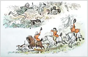 Hounds Prints: Antique color illustration by Randolph Caldecott: Hunting scene