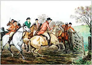 Antique color illustration by Randolph Caldecott: Hunting scene