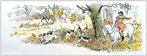 Antique color illustration by Randolph Caldecott: Hunting scene