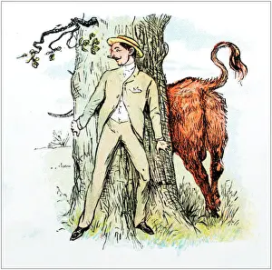 Antique color illustration by Randolph Caldecott: Man attacked by bull