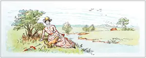 Antique color illustration by Randolph Caldecott: Man attacked by bull