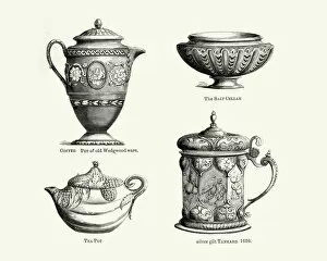 Images Dated 21st October 2017: Antique crockery Coffee pot, Teapot, Salt cellar, Tankard