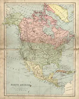 Antique damaged map of North America in the 19th Century