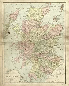 Navigational Equipment Collection: Antique damaged map of Scotland in the 19th Century