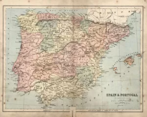 Portuguese Gallery: Antique damaged map of Spain and Portugal19th Century