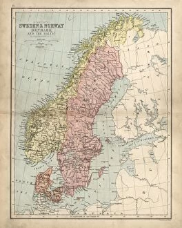 Images Dated 22nd May 2017: Antique damaged map of Swden Norway Denmark 19th Century