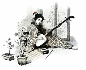 Images Dated 26th February 2016: Antique dotprinted watercolor illustration of Japan: Woman with Shamisen guitar