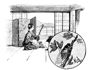 Asian And Indian Ethnicities Prints: Antique dotprinted watercolor illustration of Japan: Woman with Shamisen guitar