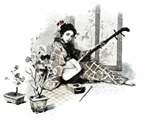 Asian And Indian Ethnicities Prints: Antique dotprinted watercolor illustration of Japan: Woman with Shamisen guitar