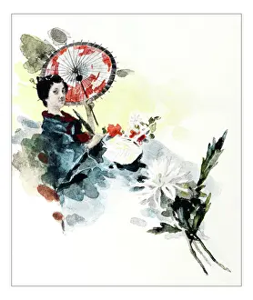 Asian And Indian Ethnicities Prints: Antique dotprinted watercolor illustration of Japan: Woman with umbrella