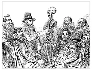 Classroom Prints: Antique illustration of 17th century anatomy lesson with skeleton
