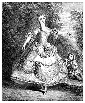 Playing Prints: Antique illustration of 18th century famous French dancer Mademoiselle Salle