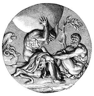 Images Dated 9th February 2016: Antique illustration of Atlas with Hercules holding the heavens