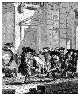 School Building Prints: Antique illustration of children outside school