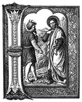 Images Dated 9th February 2016: Antique illustration of decorated letter I with temptation of Christ