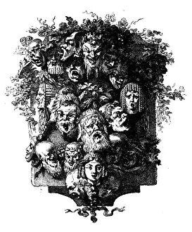 Sneering Prints: Antique illustration of decorative image (cul-de-lampe) with faces