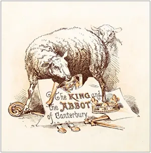 Ballads Prints: Antique illustration from fables picture book: The king and the abbot of Canterbury