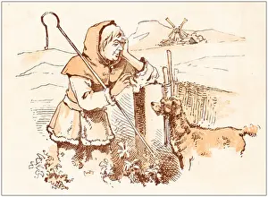 Ballads Prints: Antique illustration from fables picture book: The king and the abbot of Canterbury