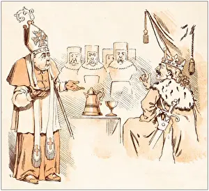 Ballads Prints: Antique illustration from fables picture book: The king and the abbot of Canterbury