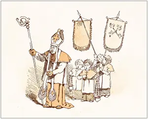 Ballads Prints: Antique illustration from fables picture book: The king and the abbot of Canterbury