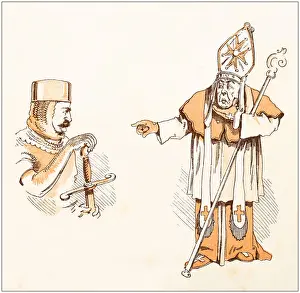 Ballads Prints: Antique illustration from fables picture book: The king and the abbot of Canterbury