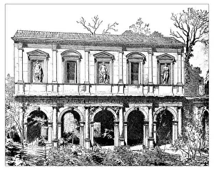 Antique illustration of facade of lodge and Odeo Cornaro (Paduaa)